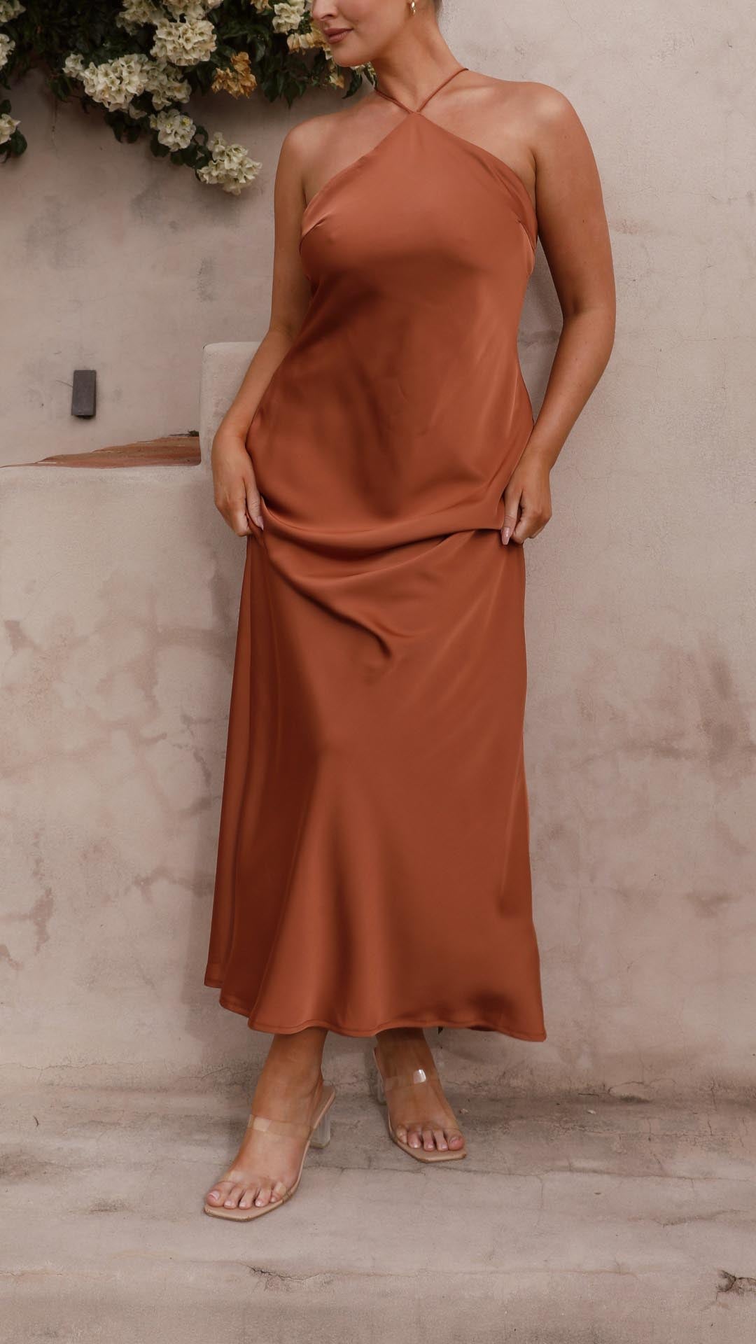 Linn | Copper Satin Halter Tie-Back Maxi Dress