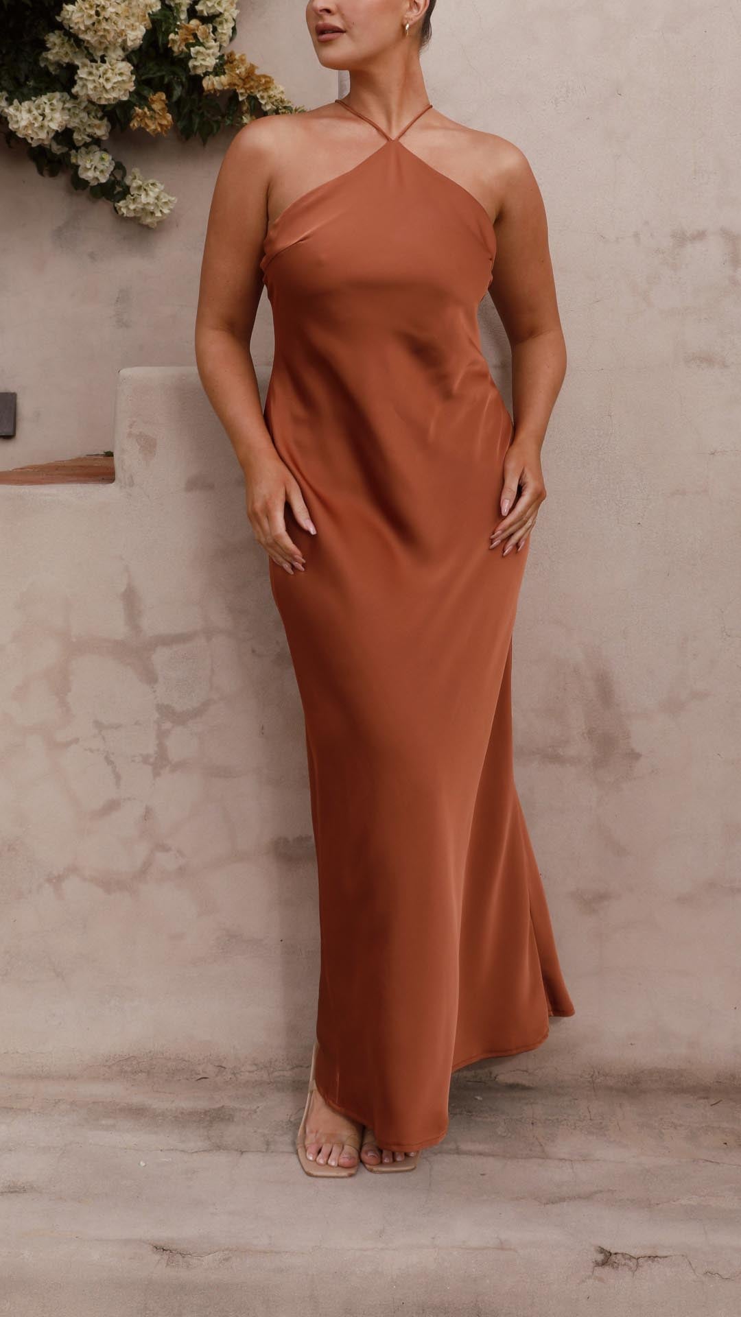 Linn | Copper Satin Halter Tie-Back Maxi Dress