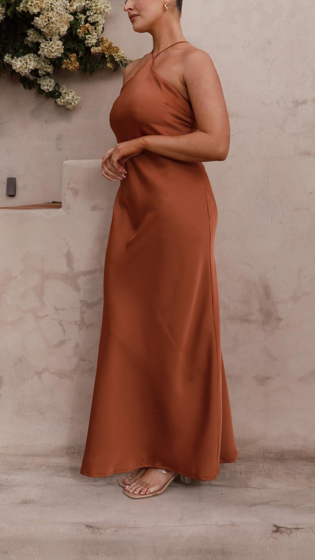 Linn | Copper Satin Halter Tie-Back Maxi Dress