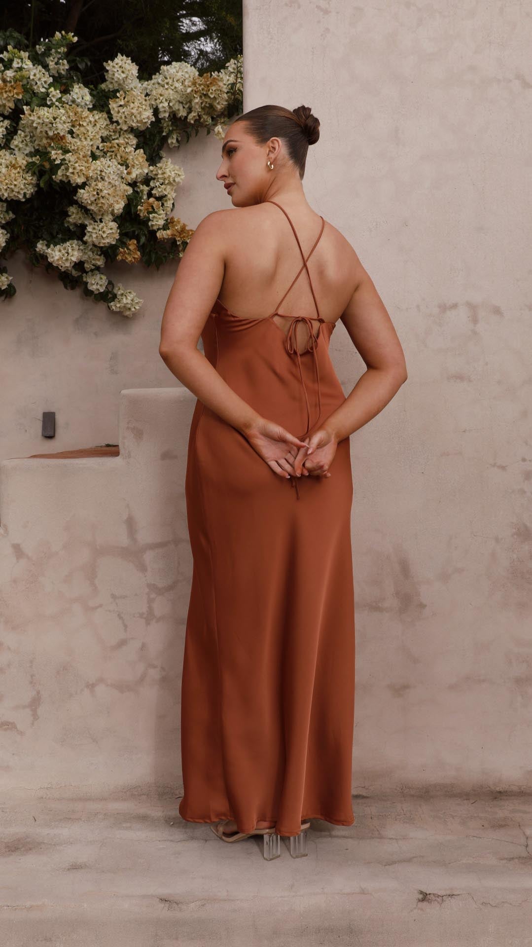 Linn | Copper Satin Halter Tie-Back Maxi Dress