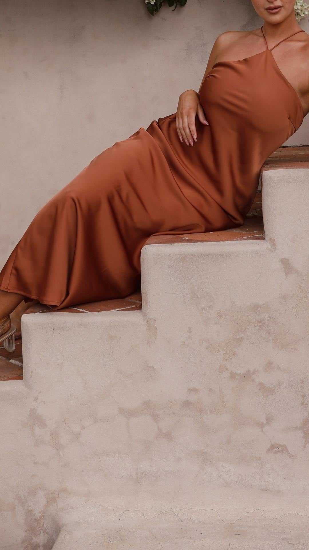 Linn | Copper Satin Halter Tie-Back Maxi Dress