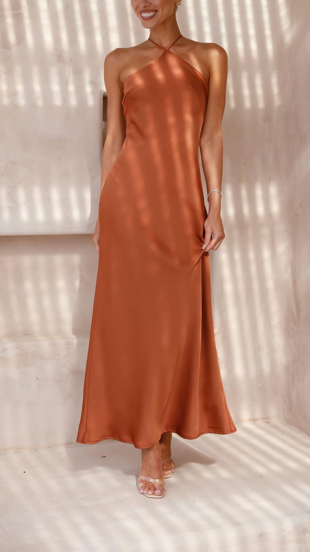 Linn | Copper Satin Halter Tie-Back Maxi Dress