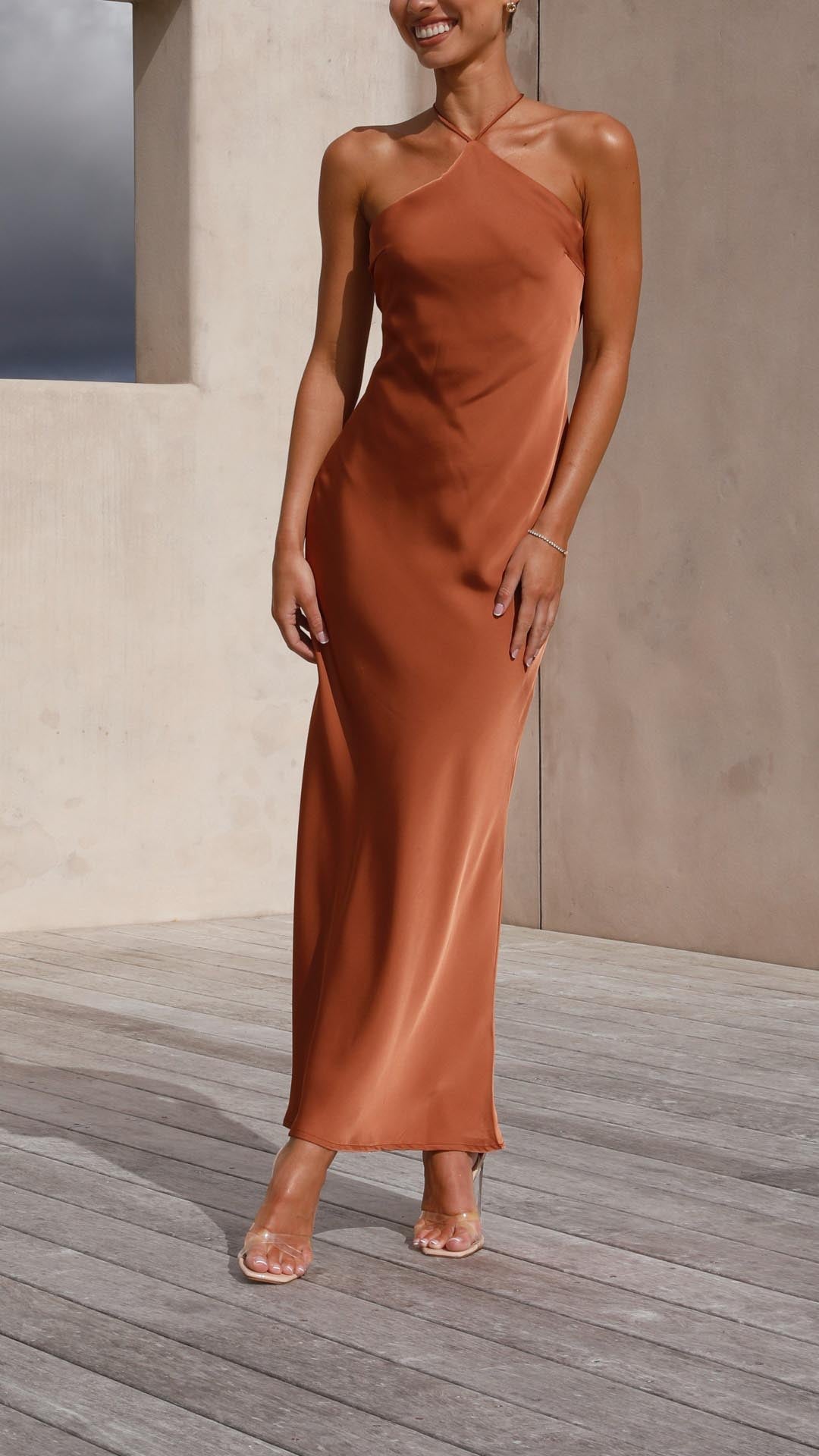Linn | Copper Satin Halter Tie-Back Maxi Dress