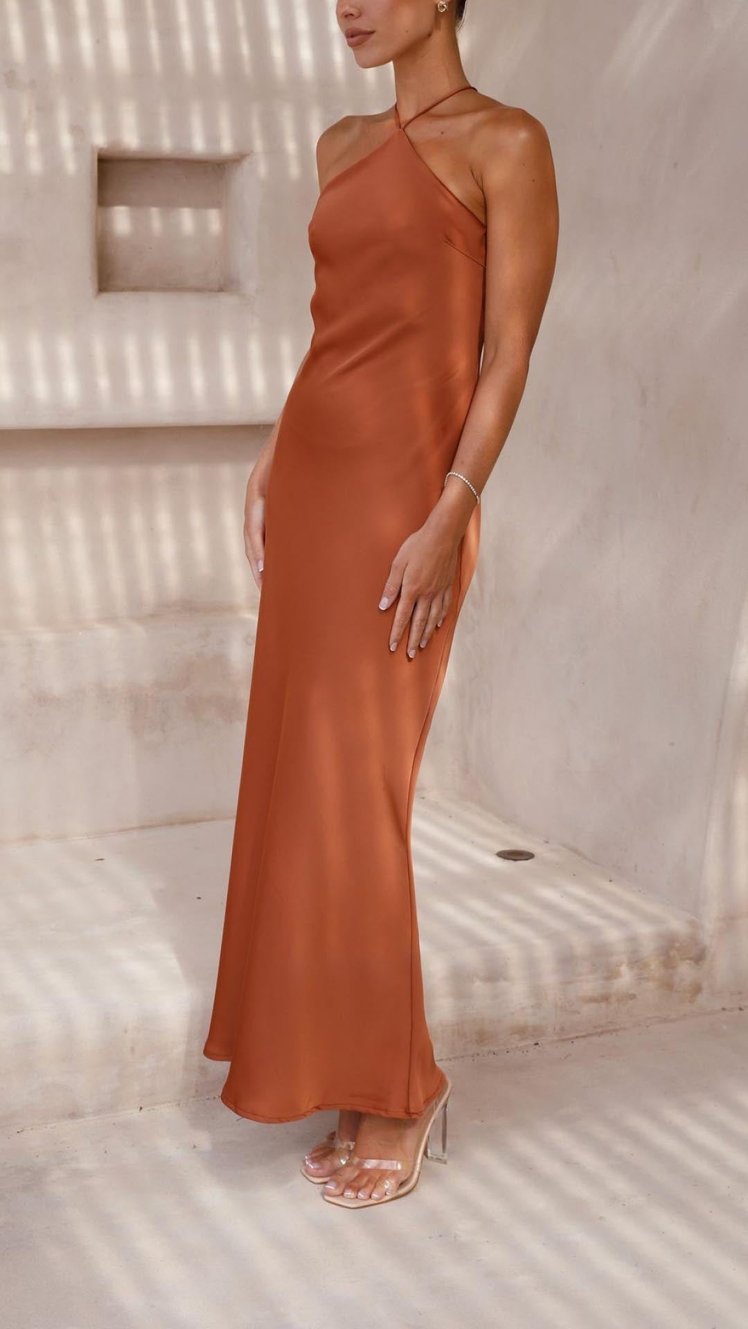 Linn | Copper Satin Halter Tie-Back Maxi Dress