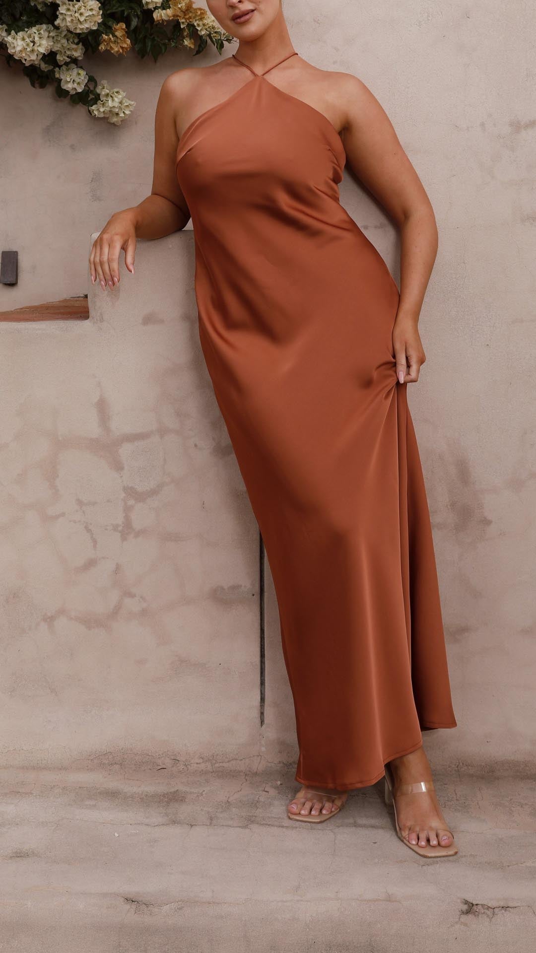 Linn | Copper Satin Halter Tie-Back Maxi Dress