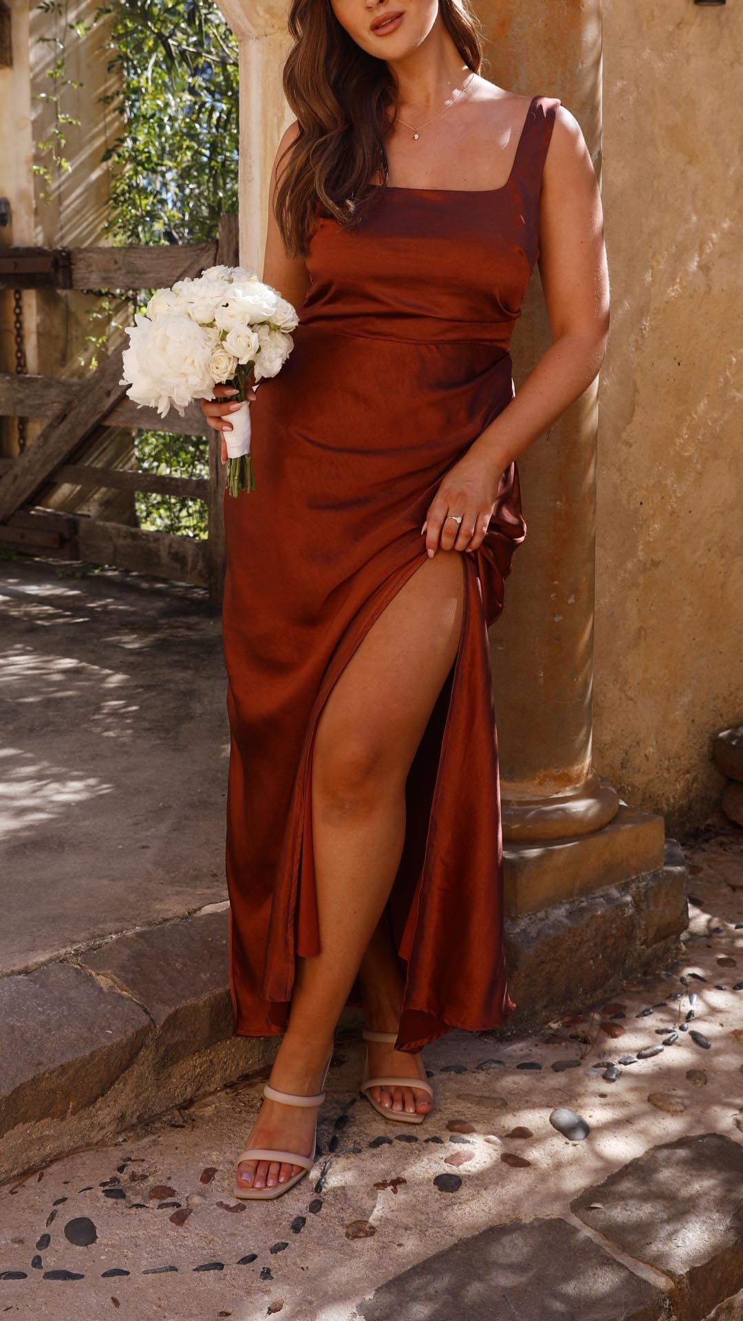 Laureen | Rust Satin Side-Gathered Maxi Dress