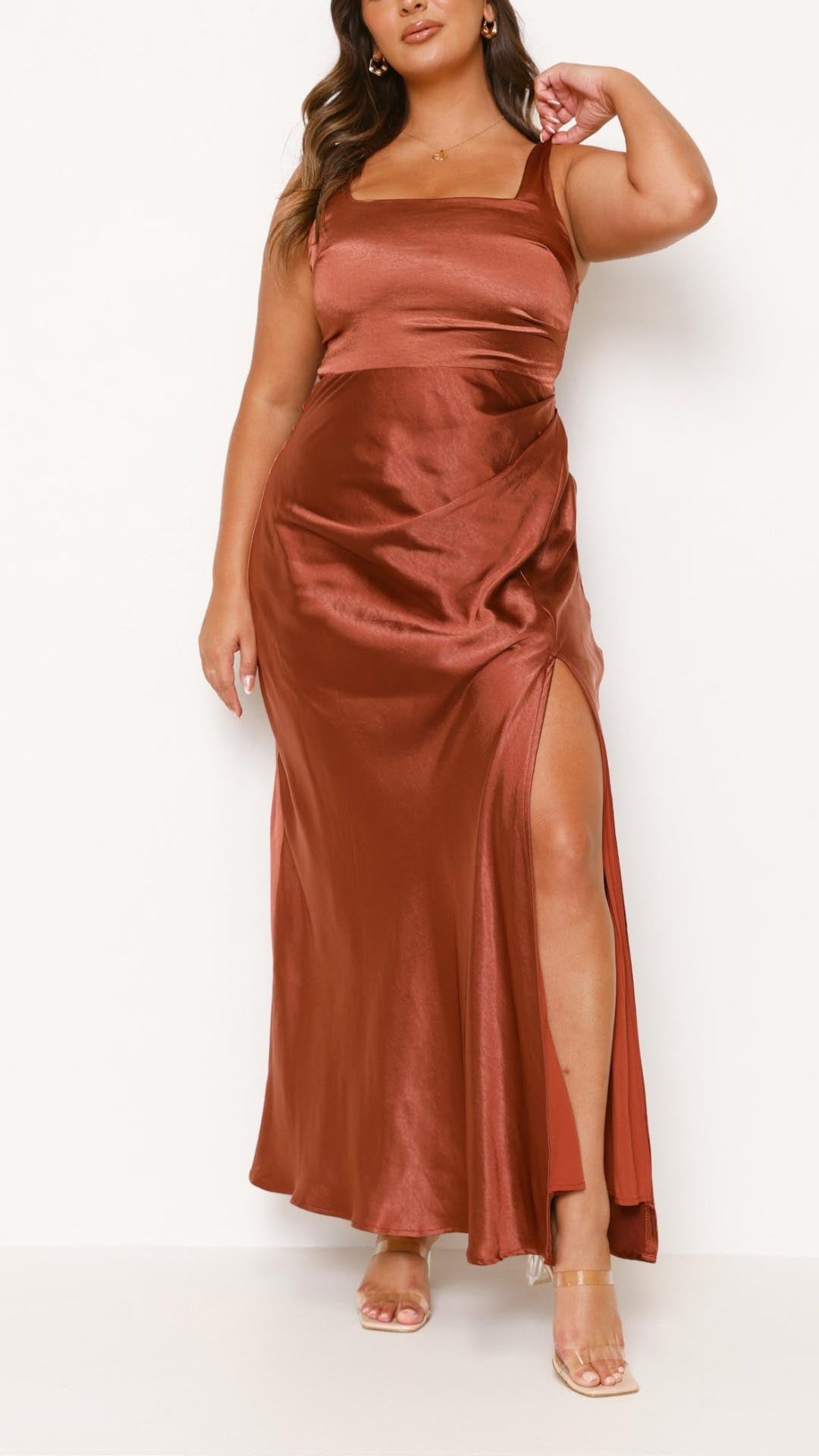 Laureen | Rust Satin Side-Gathered Maxi Dress