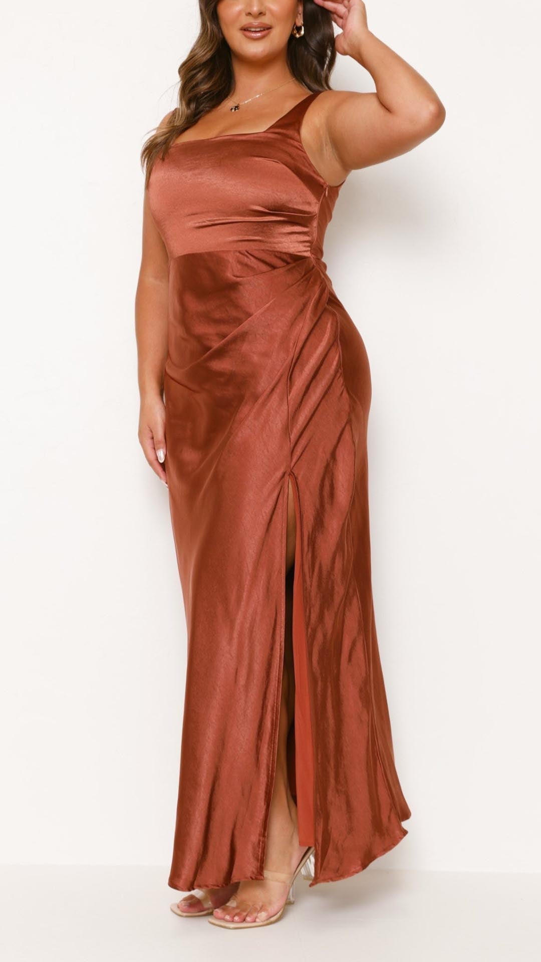Laureen | Rust Satin Side-Gathered Maxi Dress
