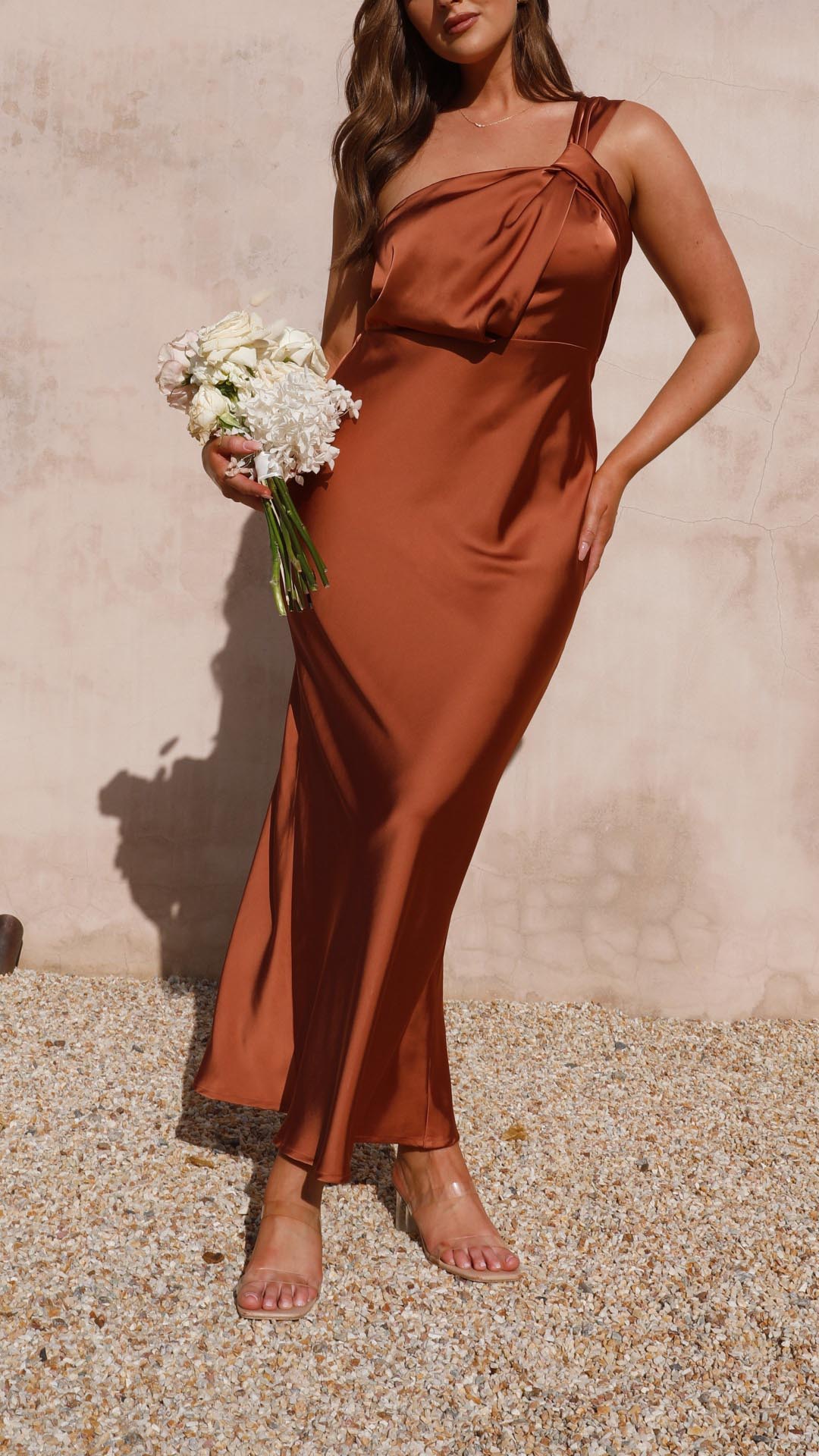 June | Copper One Shoulder Draped Maxi Dress