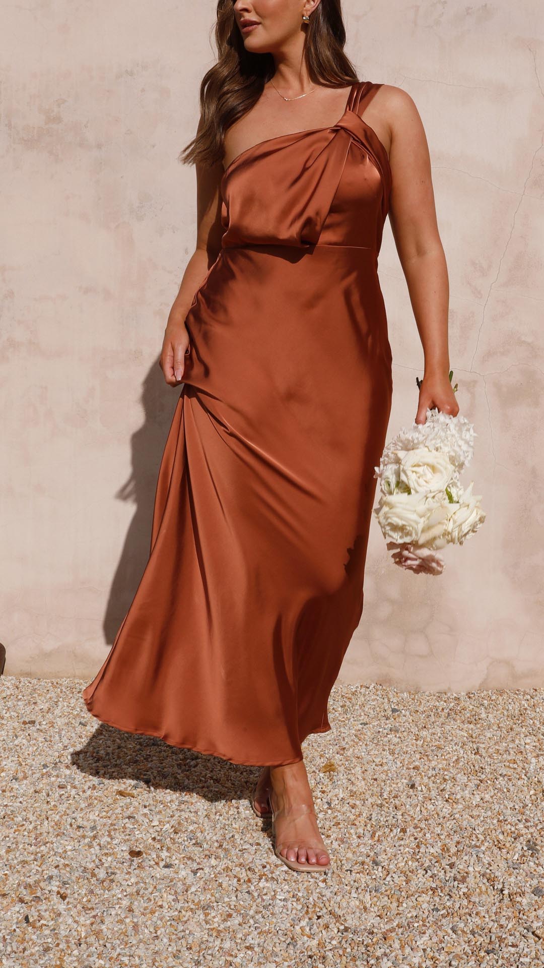 June | Copper One Shoulder Draped Maxi Dress