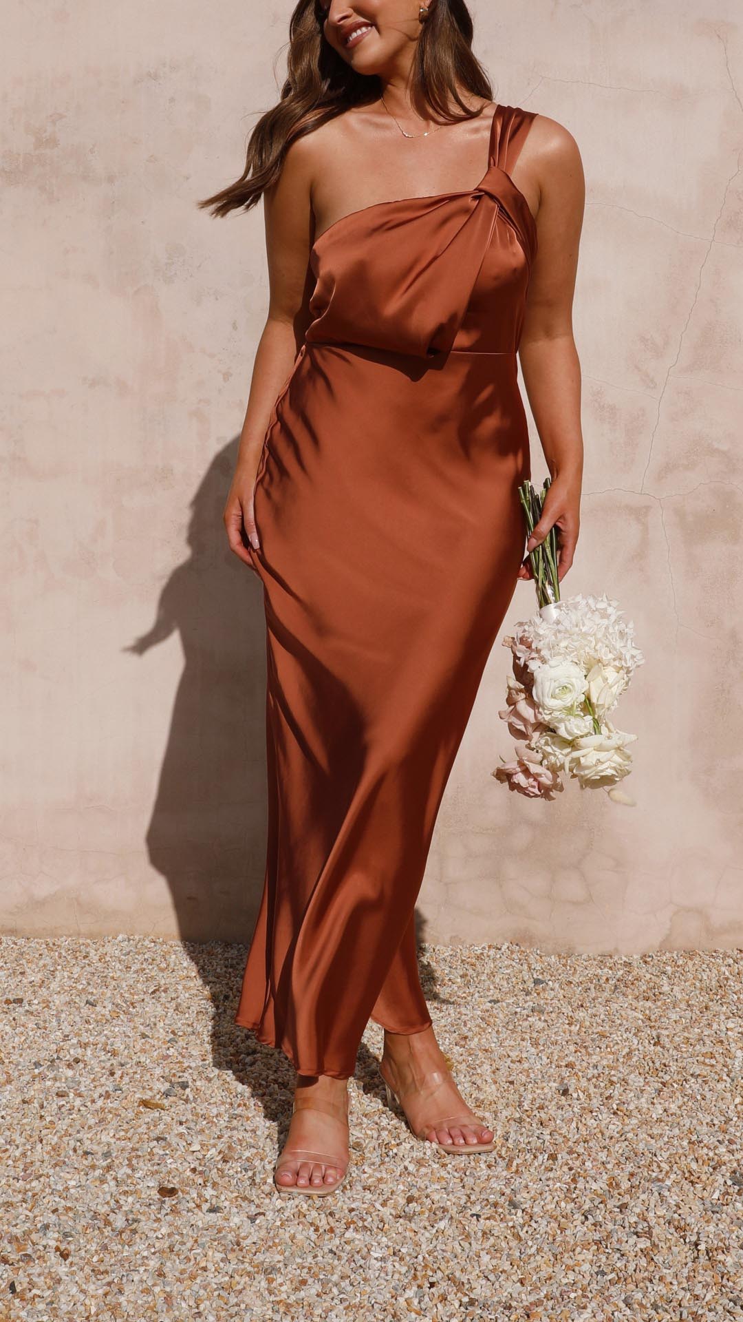 June | Copper One Shoulder Draped Maxi Dress