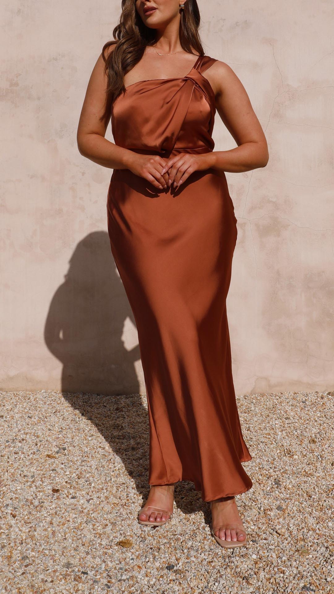 June | Copper One Shoulder Draped Maxi Dress