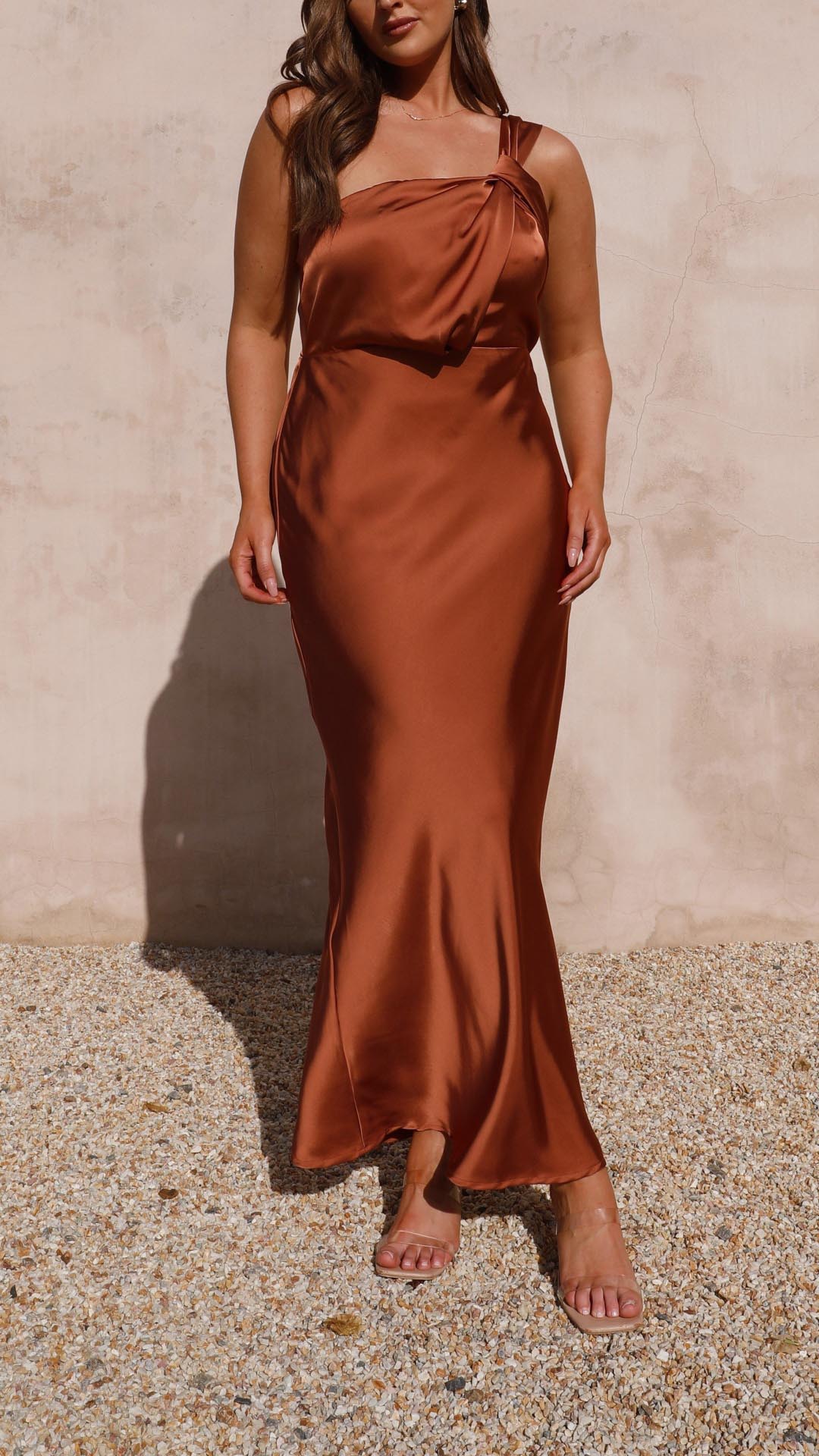 June | Copper One Shoulder Draped Maxi Dress