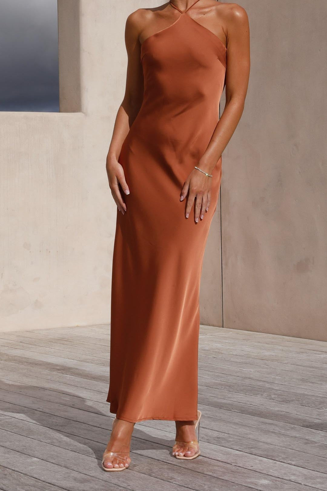 Linn | Copper Satin Halter Tie-Back Maxi Dress