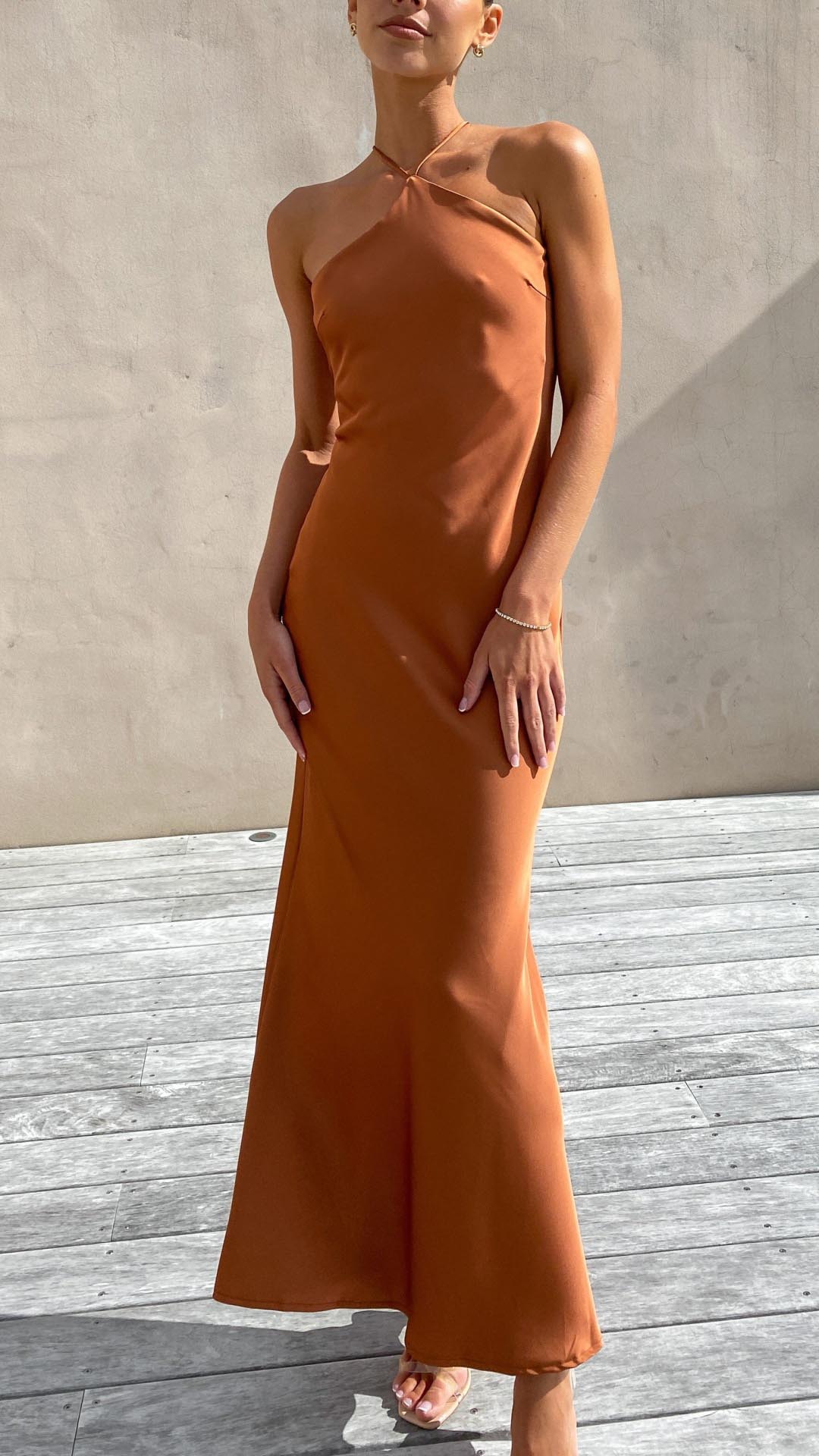 Linn | Copper Satin Halter Tie-Back Maxi Dress