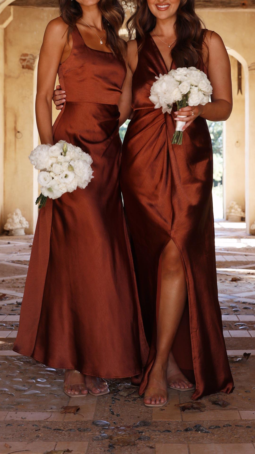 Laureen | Rust Satin Side-Gathered Maxi Dress