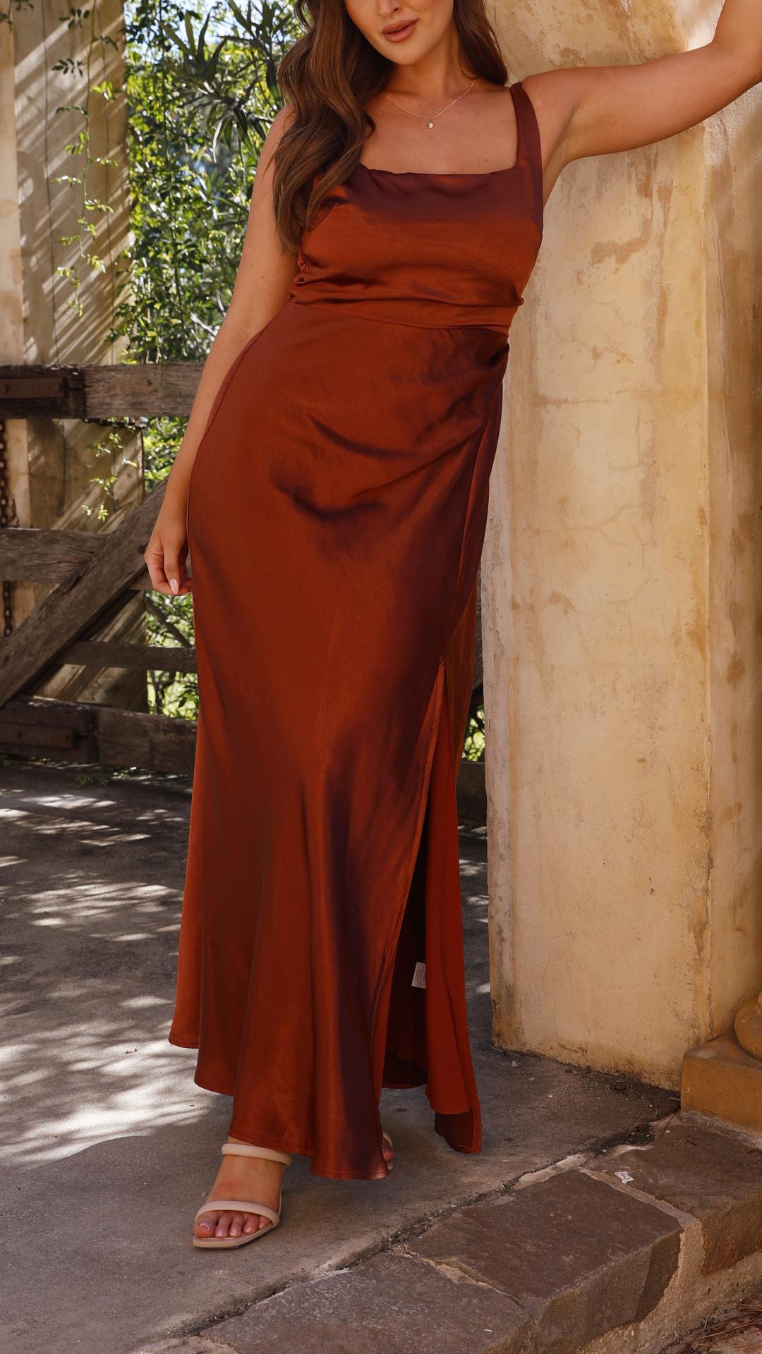 Laureen | Rust Satin Side-Gathered Maxi Dress