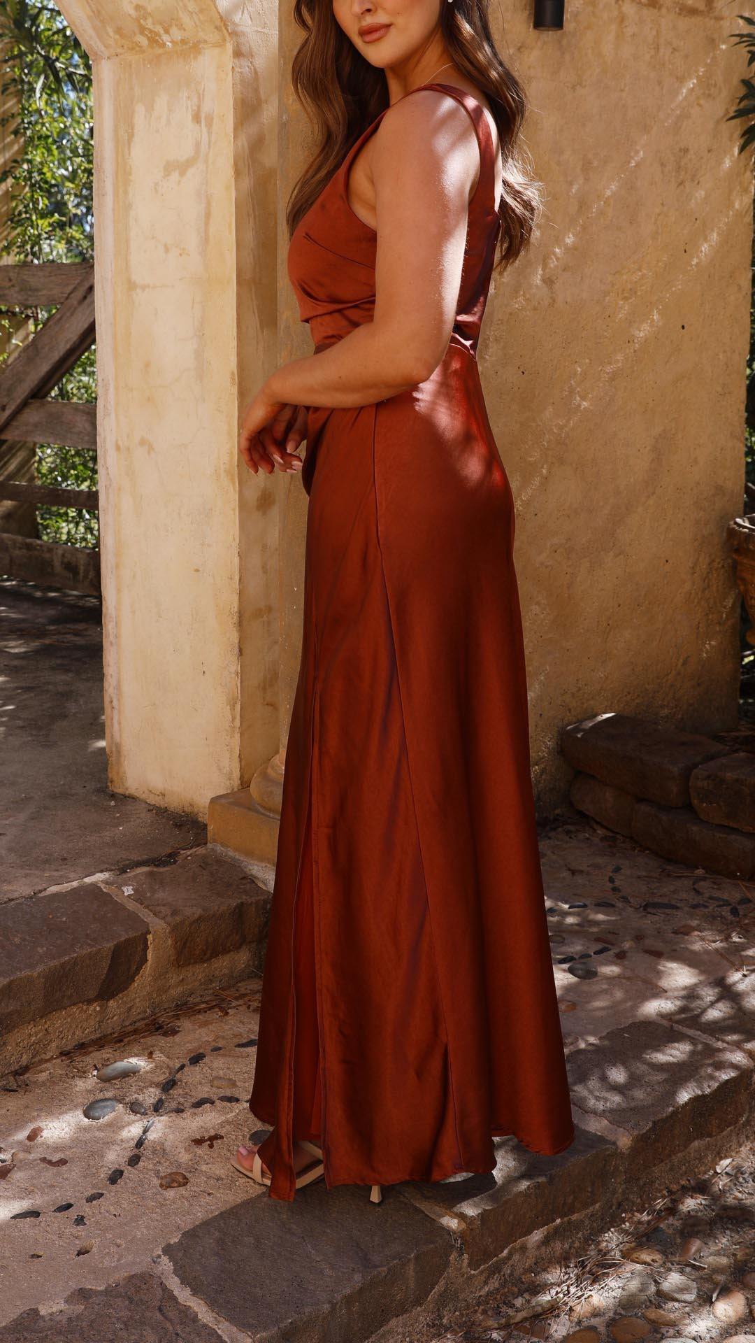 Laureen | Rust Satin Side-Gathered Maxi Dress