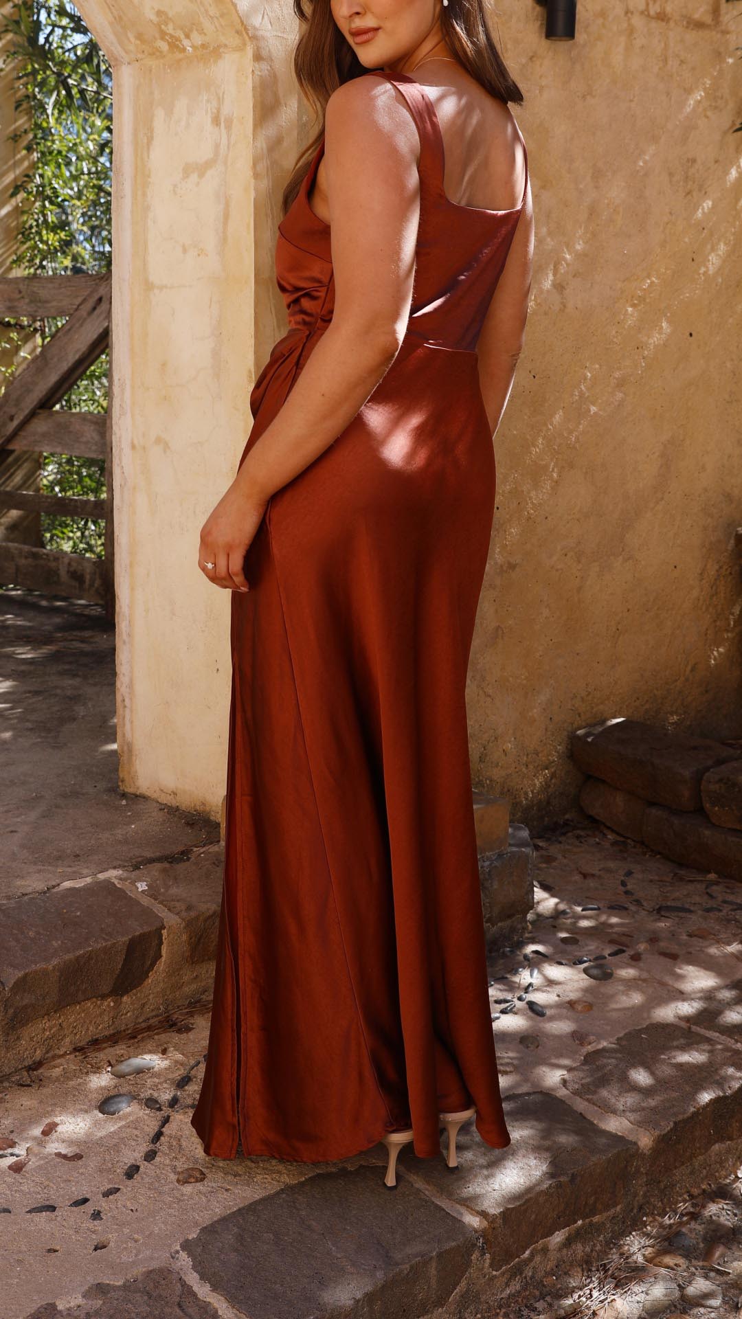 Laureen | Rust Satin Side-Gathered Maxi Dress