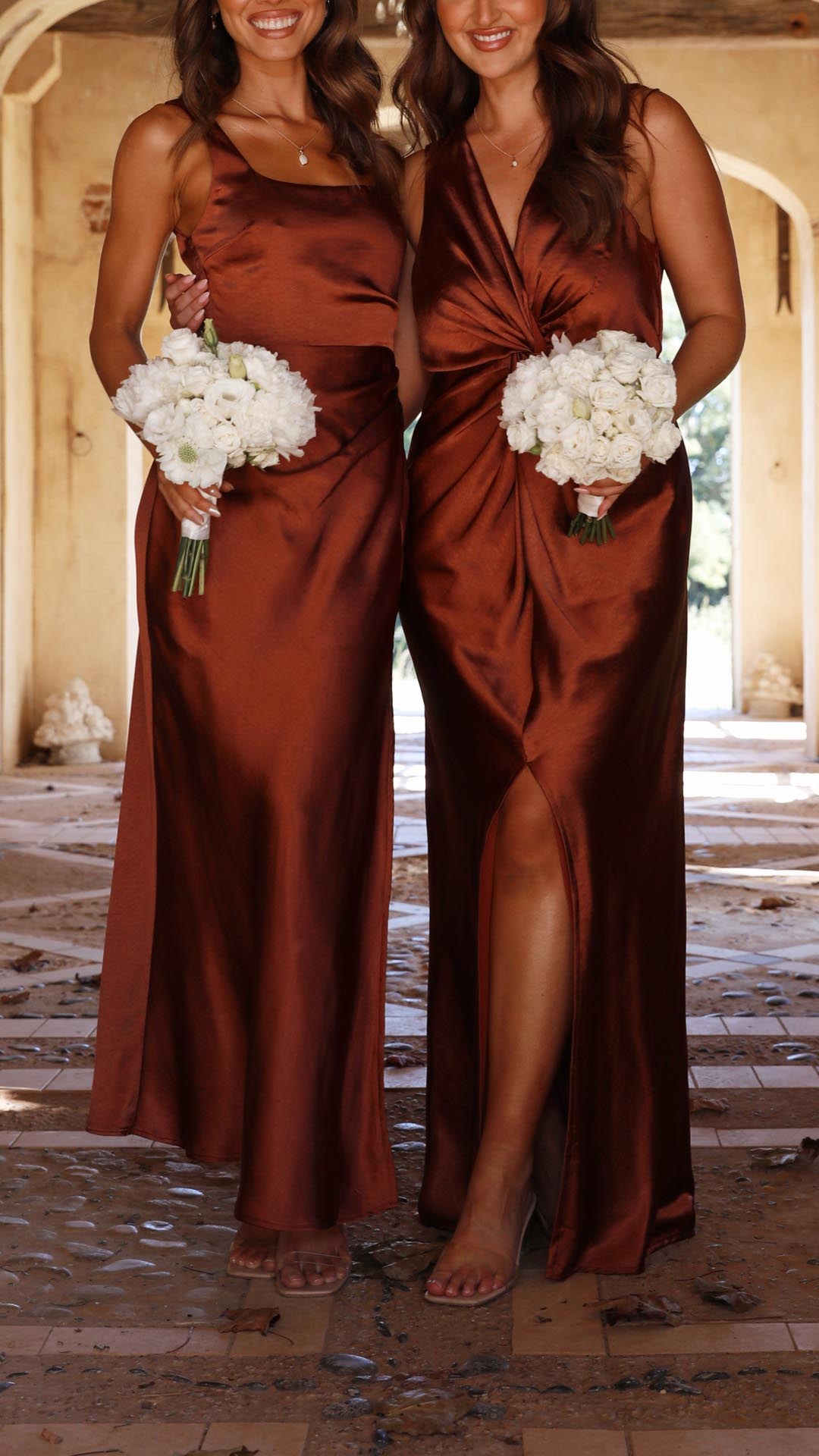 Laureen | Rust Satin Side-Gathered Maxi Dress